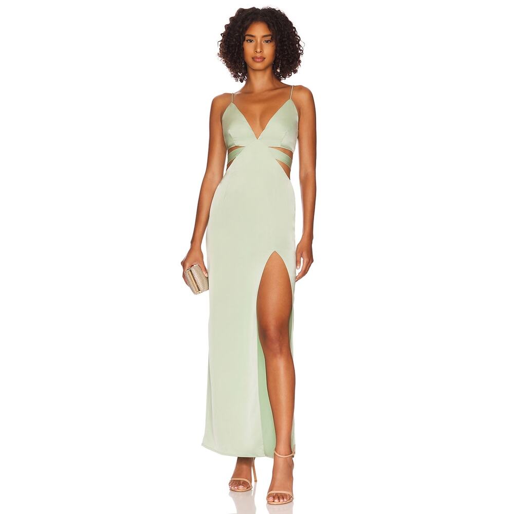 Superdown Stacie Maxi Dress Sage‎ Green Satin Plunge Side Cutout Sleeveless Sz M